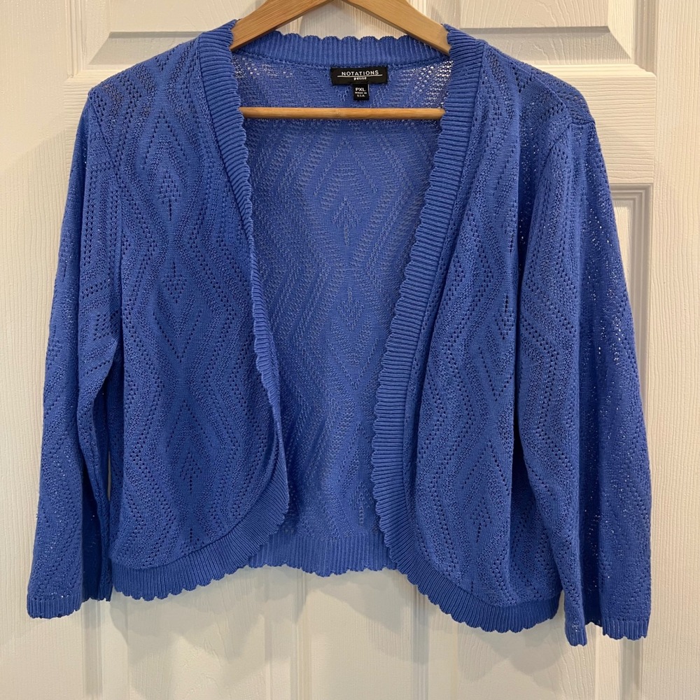 Notations Petite Blue Pointelle Knit Cropped Bolero Cardigan Shrug PXL PSSR1156